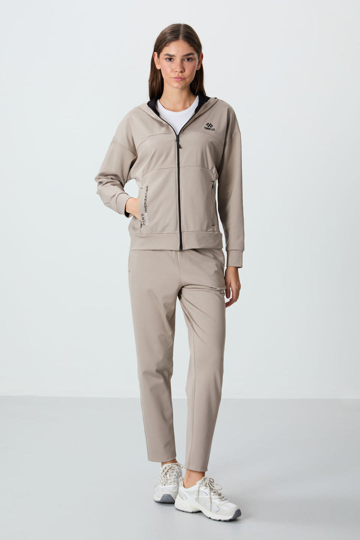 TMY Dark Beige Hooded Tracksuit with Hidden Pocket Details Standard Fit Women's Tracksuit - 95306 - Neuss