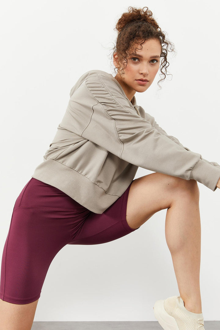 TMY Dark Beige Shoulder Ruched Detail Balloon Sleeve Comfortable Fit Women's Sweatshirt - 97166 - Valenciennes