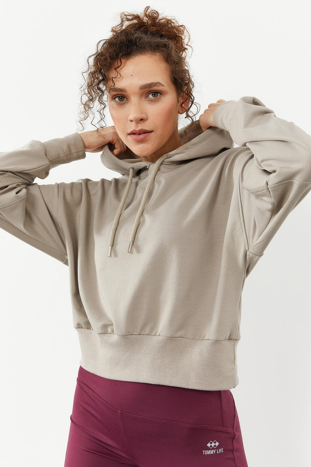 TMY Dark Beige Shoulder Ruched Detail Balloon Sleeve Comfortable Fit Women's Sweatshirt - 97166 - Valenciennes