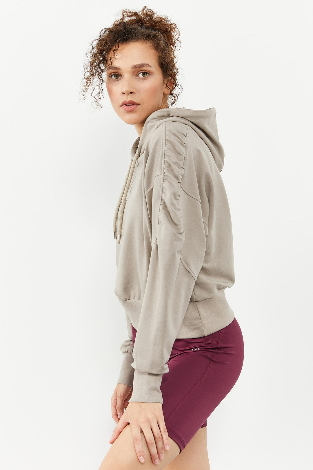 TMY Dark Beige Shoulder Ruched Detail Balloon Sleeve Comfortable Fit Women's Sweatshirt - 97166 - Valenciennes