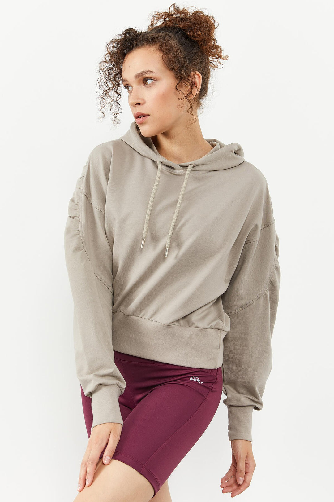 TMY Dark Beige Shoulder Ruched Detail Balloon Sleeve Comfortable Fit Women's Sweatshirt - 97166 - Valenciennes