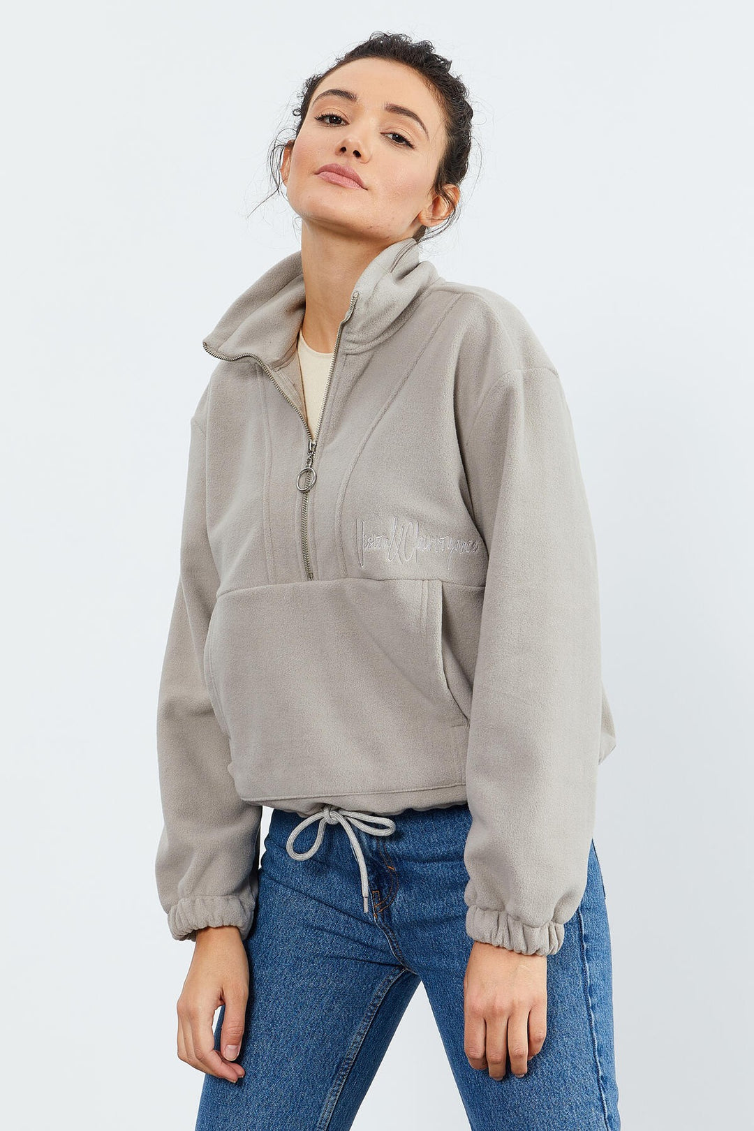 TMY Dark Beige Half Zip Skirt Hem Ruched Women's Polar Oversize Sweatshirt - 97171 - Uster
