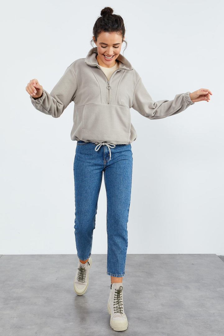 TMY Dark Beige Half Zip Skirt Hem Ruched Women's Polar Oversize Sweatshirt - 97171 - Uster