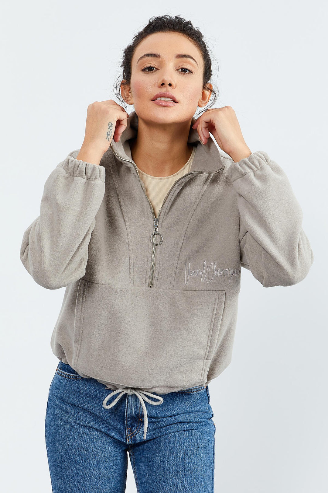 TMY Dark Beige Half Zip Skirt Hem Ruched Women's Polar Oversize Sweatshirt - 97171 - Uster