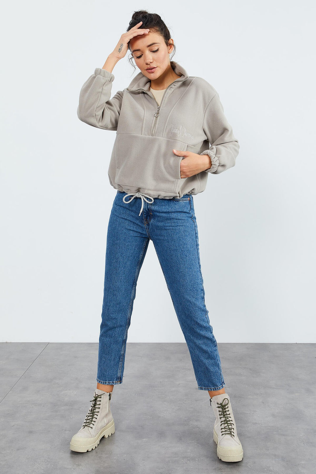 TMY Dark Beige Half Zip Skirt Hem Ruched Women's Polar Oversize Sweatshirt - 97171 - Uster