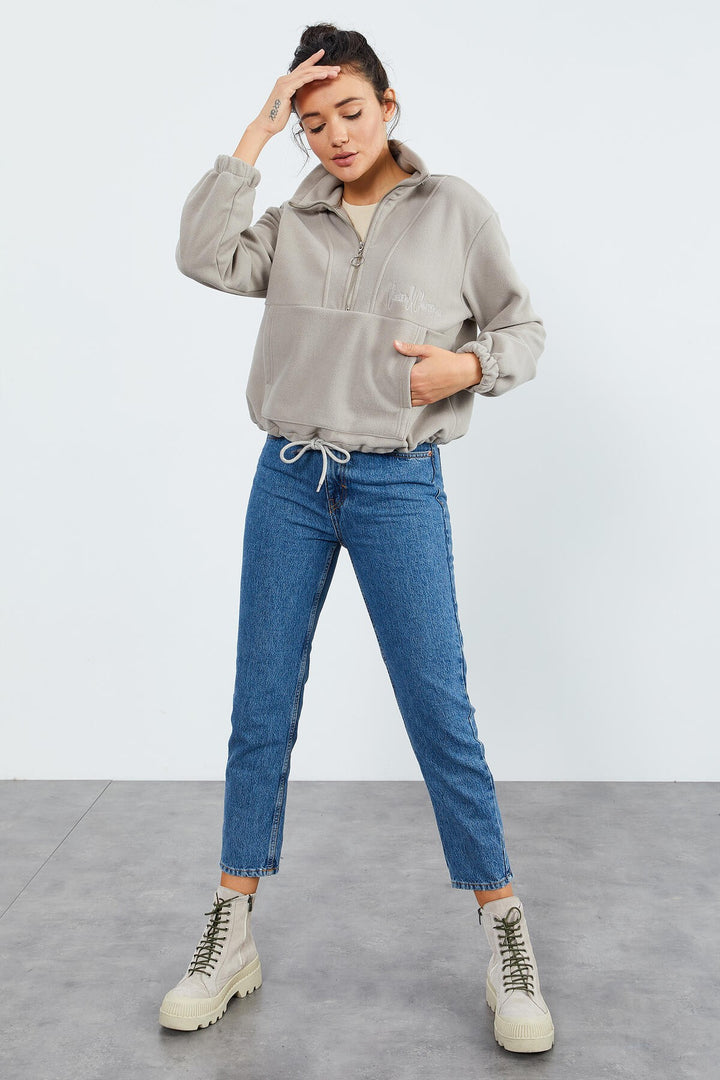 TMY Dark Beige Half Zip Skirt Hem Ruched Women's Polar Oversize Sweatshirt - 97171 - Uster