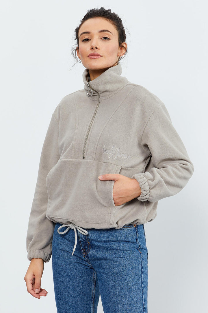 TMY Dark Beige Half Zip Skirt Hem Ruched Women's Polar Oversize Sweatshirt - 97171 - Uster