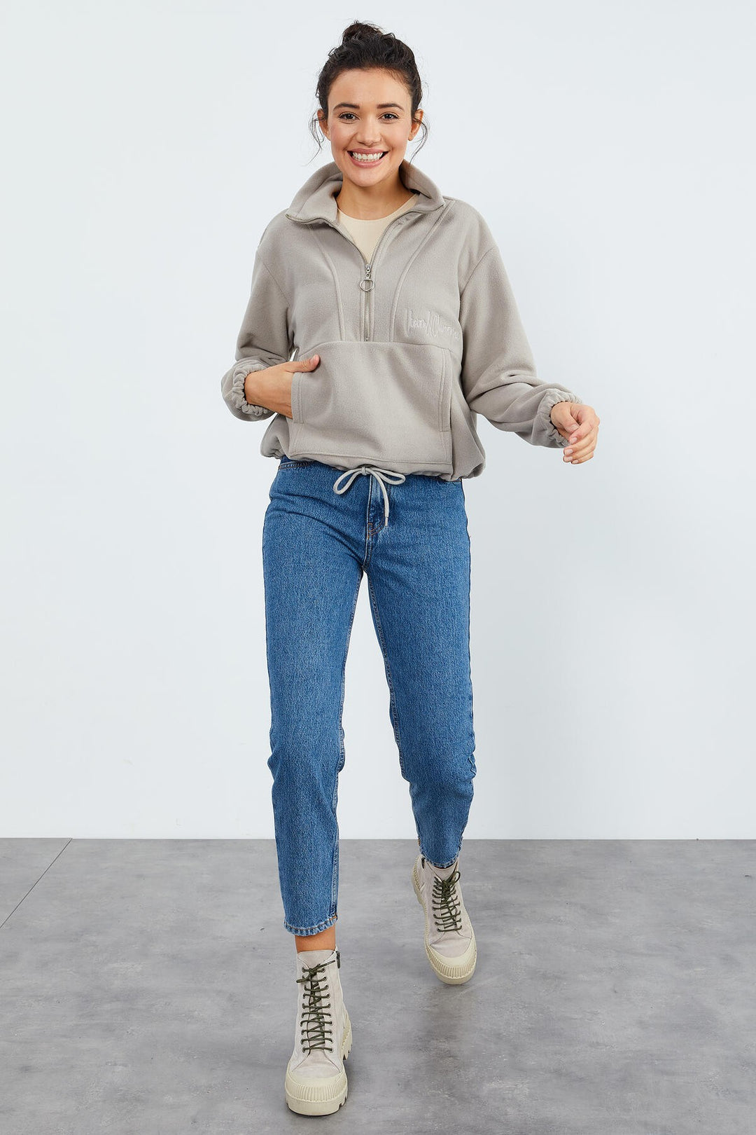TMY Dark Beige Half Zip Skirt Hem Ruched Women's Polar Oversize Sweatshirt - 97171 - Uster