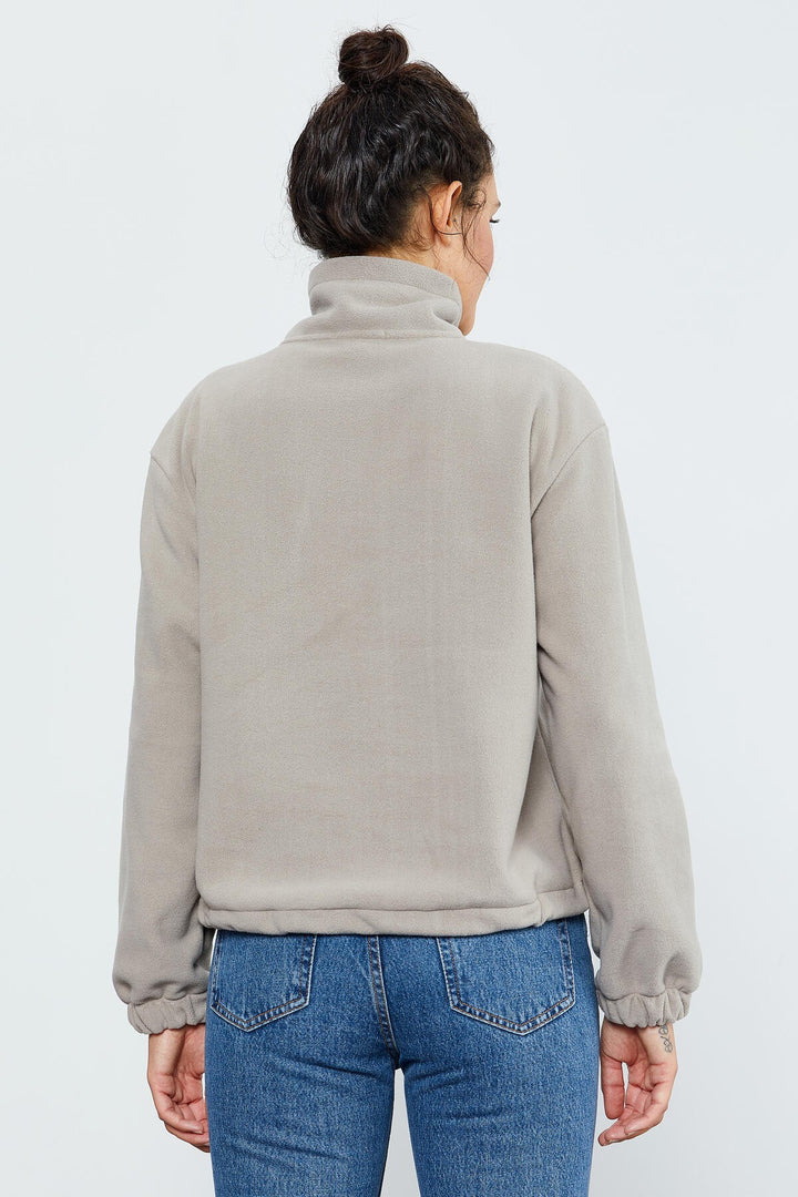 TMY Dark Beige Half Zip Skirt Hem Ruched Women's Polar Oversize Sweatshirt - 97171 - Uster