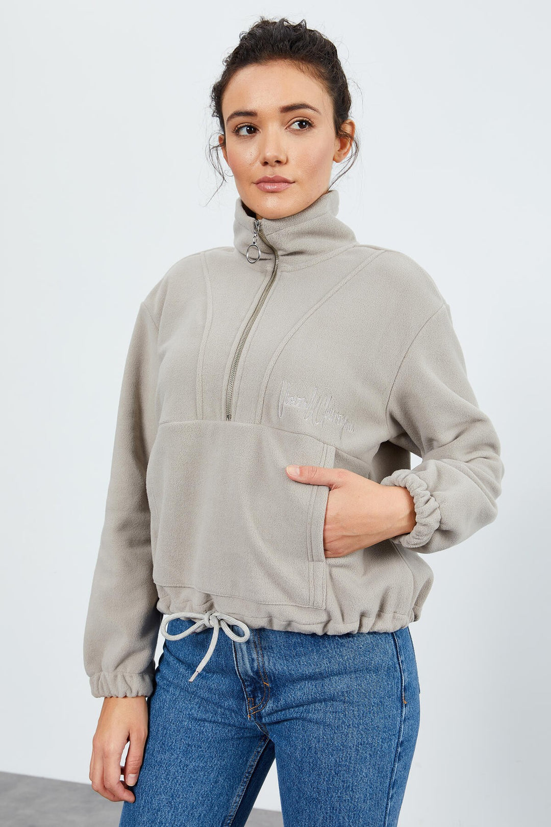 TMY Dark Beige Half Zip Skirt Hem Ruched Women's Polar Oversize Sweatshirt - 97171 - Uster