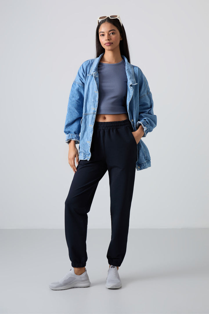 TMY Navy Blue Pocket High Waist Comfort Fit Elastic Cuff Women's Sweatpants - 94583 - Cambridge