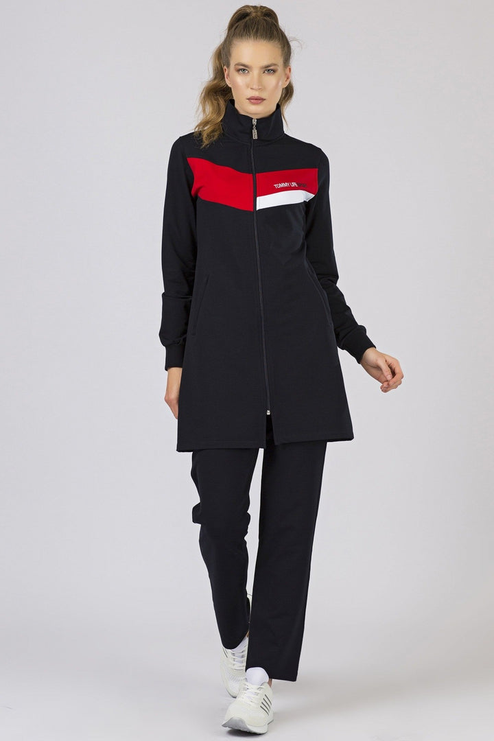 TMY Navy Blue High Neck Zippered Pocketed Standard Fit Classic Leg Women's Sweatshirt Tunic Set - 95206 - Laredo