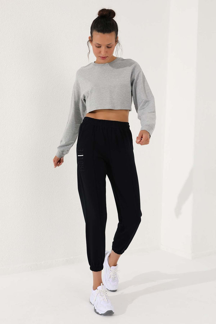 TMY Navy Blue Writing Embroidered Comfort Fit Elastic Cuff Women's Sweatpants - 94571 - Botoşani