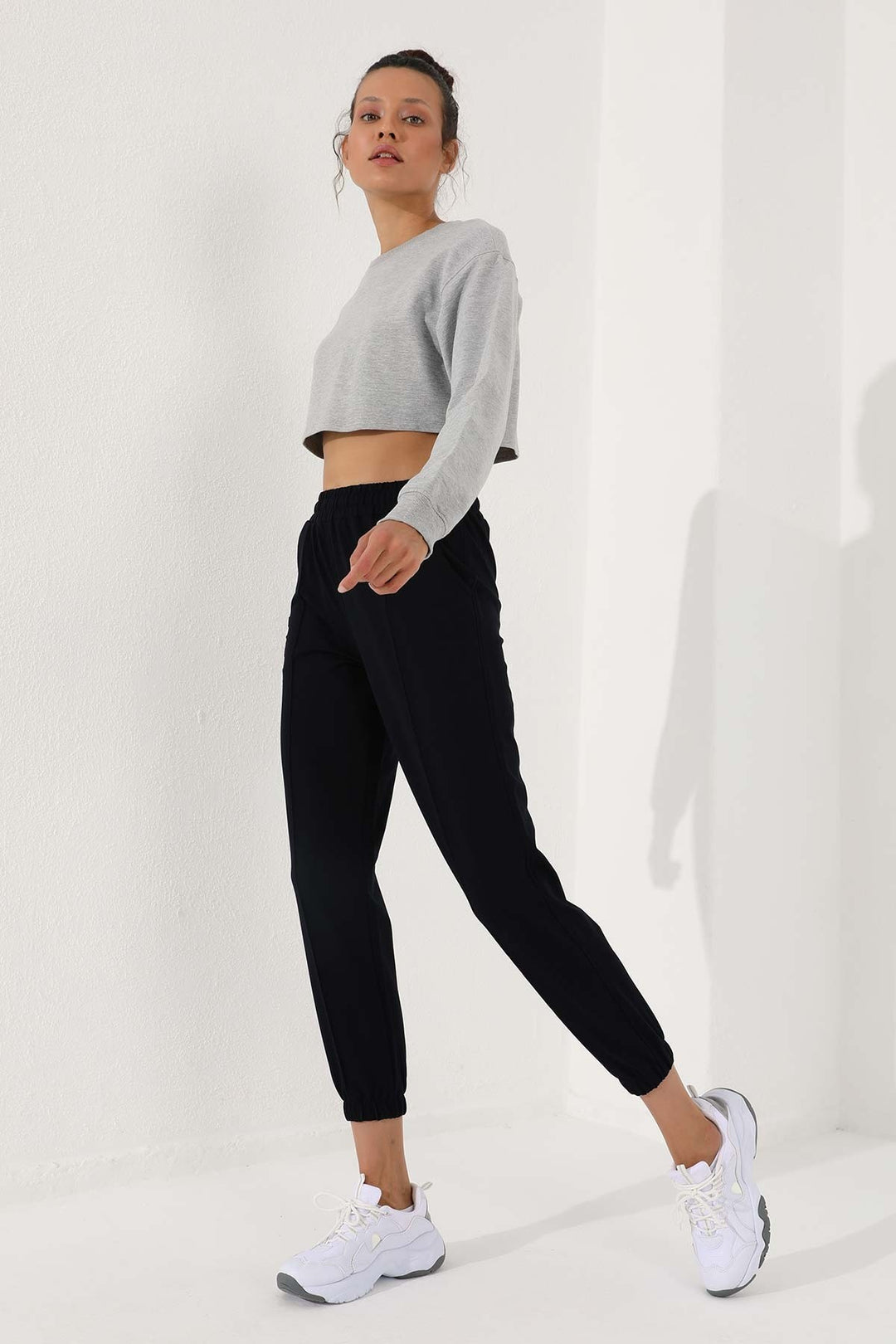 TMY Navy Blue Writing Embroidered Comfort Fit Elastic Cuff Women's Sweatpants - 94571 - Botoşani