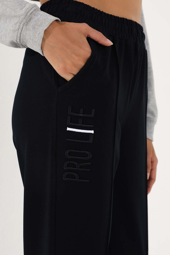 TMY Navy Blue Writing Embroidered Comfort Fit Elastic Cuff Women's Sweatpants - 94571 - Botoşani