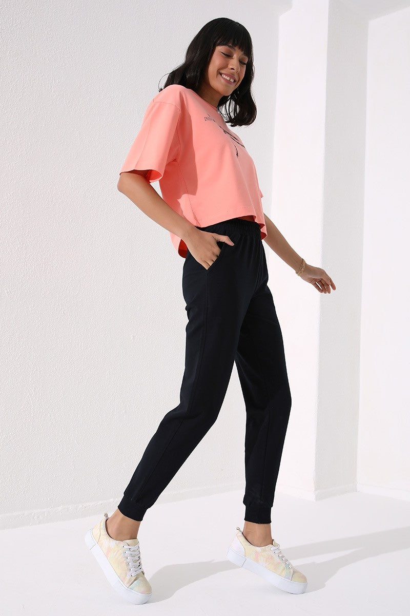 TMY Navy High Waist Jogger Comfort Fit Cuffed Women's Sweatpants - 94561 - Straubing