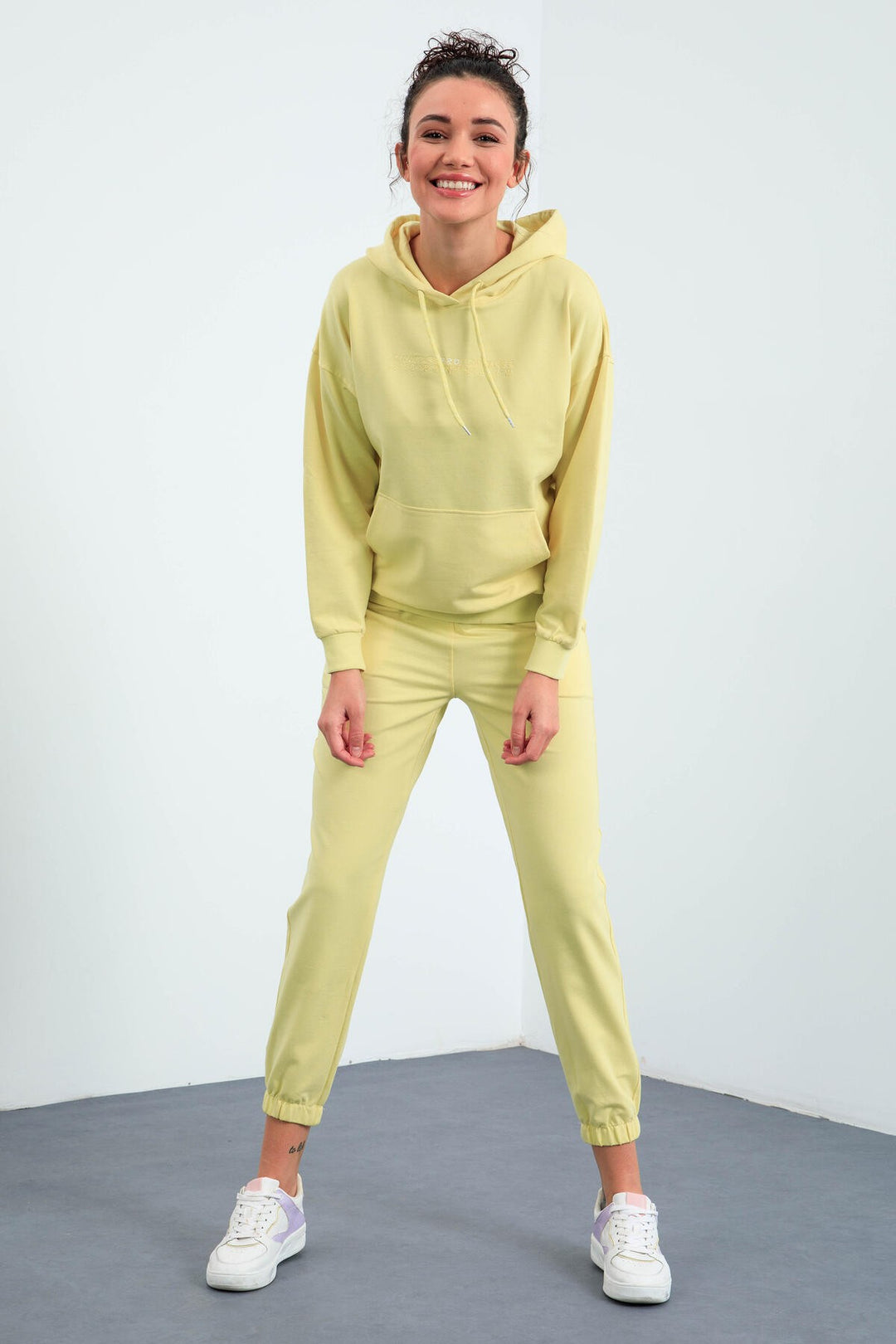 TMY Lemon Hooded Kangaroo Pocket Oversized Elastic Cuff Women's Tracksuit - 95288 - Faenza