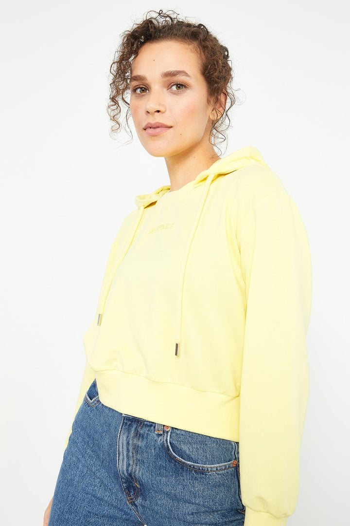 TMY Lemon Yellow Embroidered Hooded Women's Oversized Sweatshirt - 97169 - Lleida