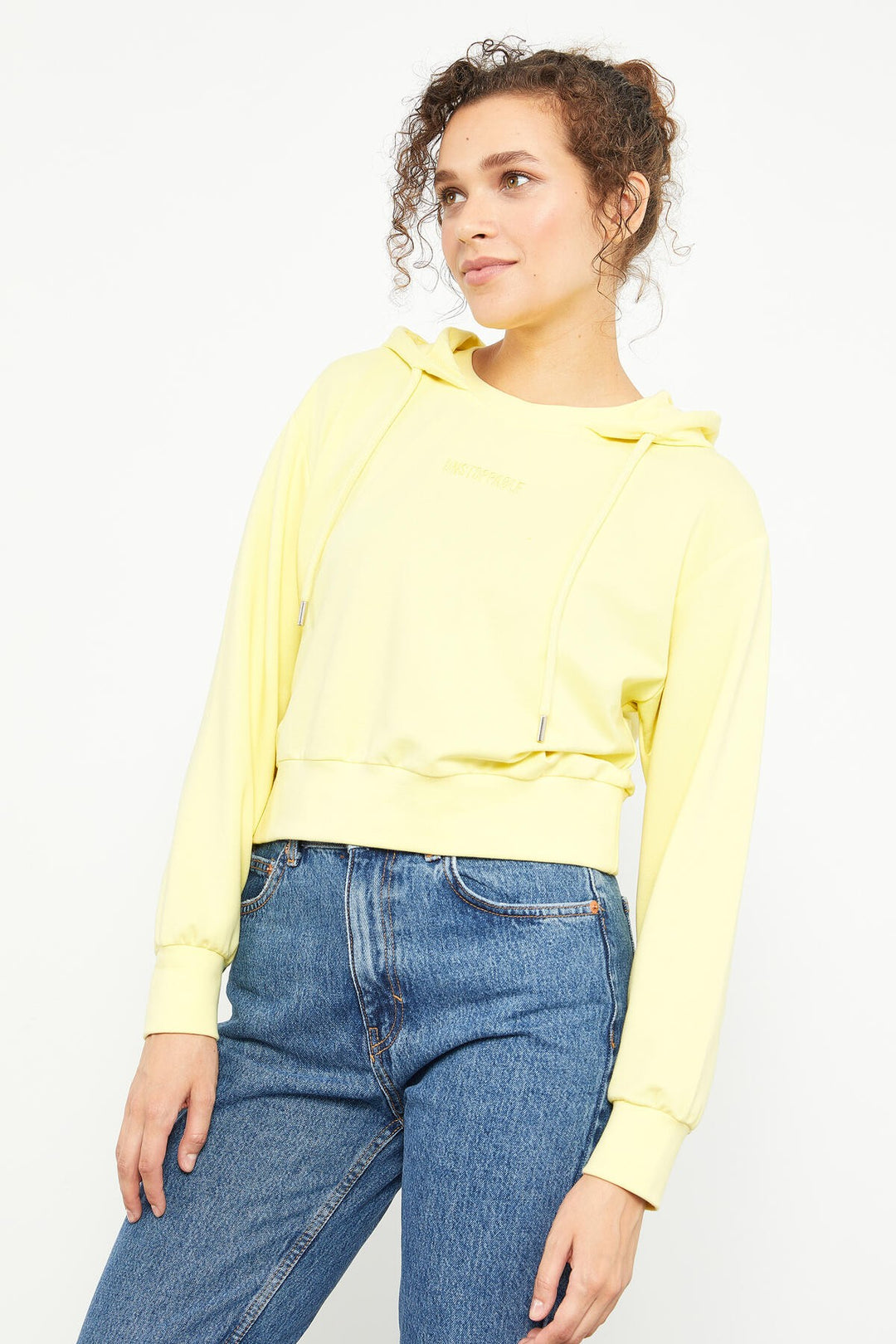 TMY Lemon Yellow Embroidered Hooded Women's Oversized Sweatshirt - 97169 - Lleida
