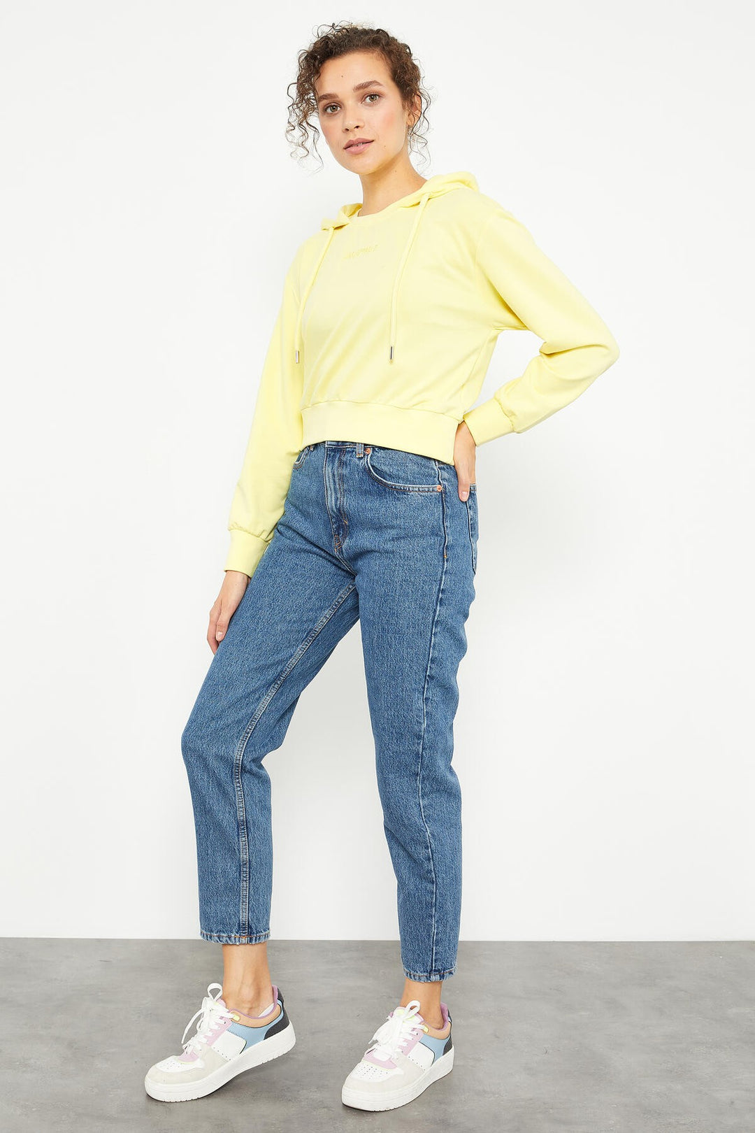 TMY Lemon Yellow Embroidered Hooded Women's Oversized Sweatshirt - 97169 - Lleida