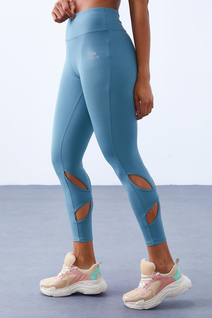 TMY Mint Green High Waist Slim Fit Women's Leggings with Back Ankle Windows - 94611 - Romny