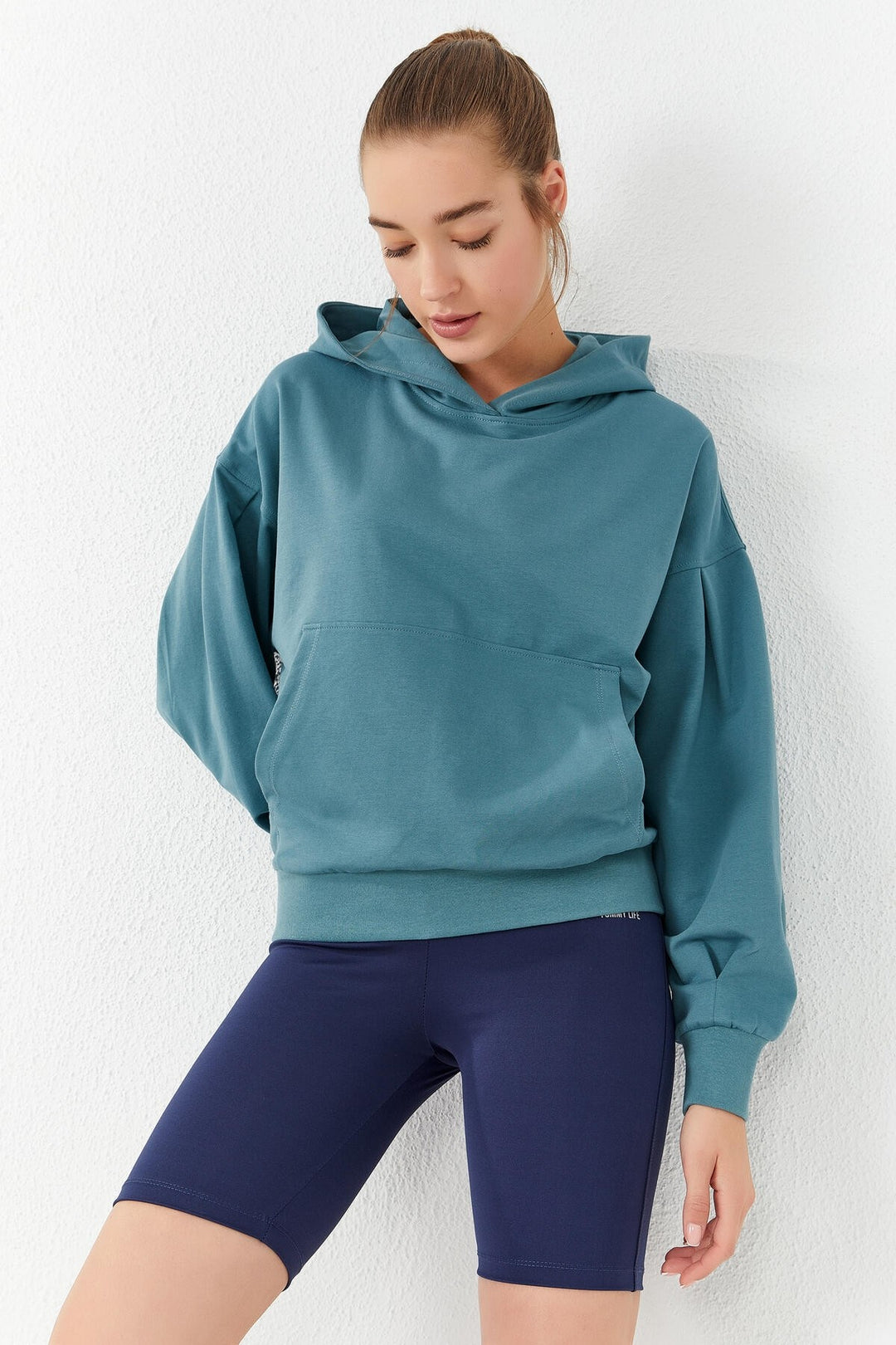 TMY Mint Green Balloon Sleeve Hooded Women's Oversized Sweatshirt - 97156 - Collegno