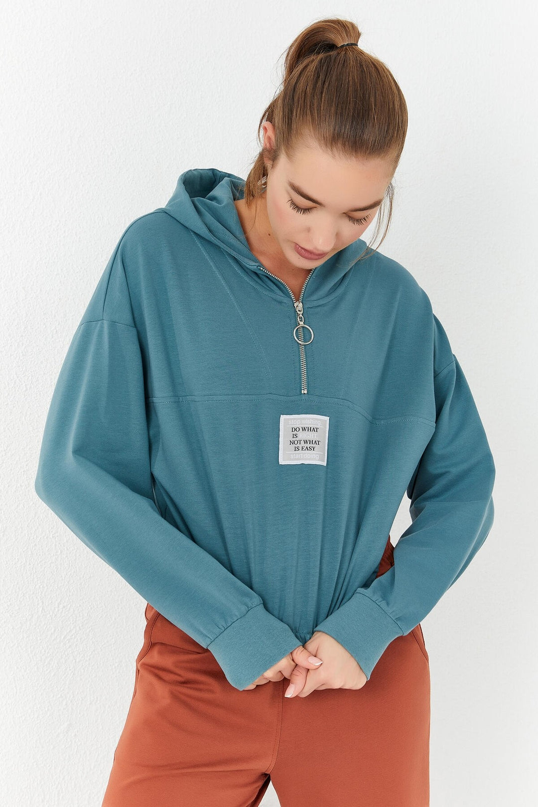 TMY Mint Green Cinched Waist Hooded Half Zip Comfort Fit Women's Crop Top Sweatshirt - 97155 - Salisbury