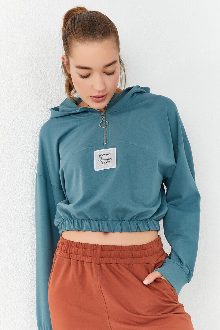 TMY Mint Green Cinched Waist Hooded Half Zip Comfort Fit Women's Crop Top Sweatshirt - 97155 - Salisbury