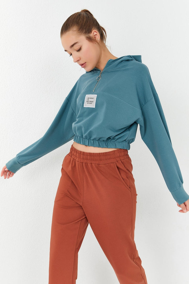 TMY Mint Green Cinched Waist Hooded Half Zip Comfort Fit Women's Crop Top Sweatshirt - 97155 - Salisbury
