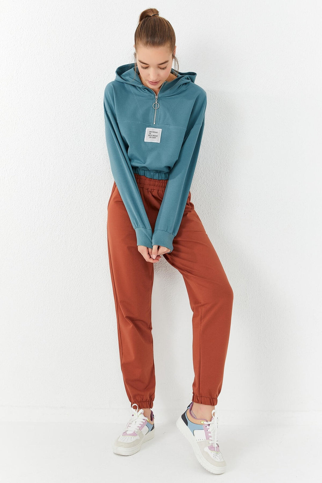 TMY Mint Green Cinched Waist Hooded Half Zip Comfort Fit Women's Crop Top Sweatshirt - 97155 - Salisbury