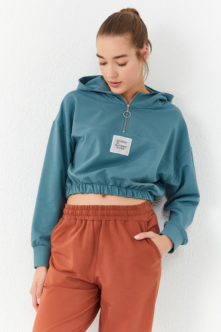TMY Mint Green Cinched Waist Hooded Half Zip Comfort Fit Women's Crop Top Sweatshirt - 97155 - Salisbury