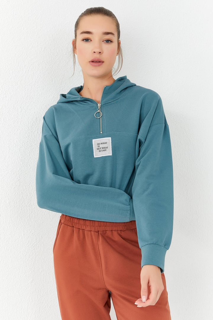 TMY Mint Green Cinched Waist Hooded Half Zip Comfort Fit Women's Crop Top Sweatshirt - 97155 - Salisbury