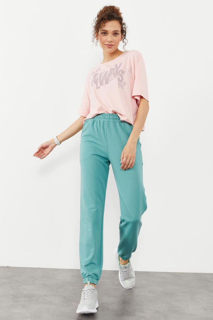 TMY Mint Green High Waist Comfort Fit Elastic Cuff Women's Sweatpants with Pockets - 94583 - Sint-Truiden