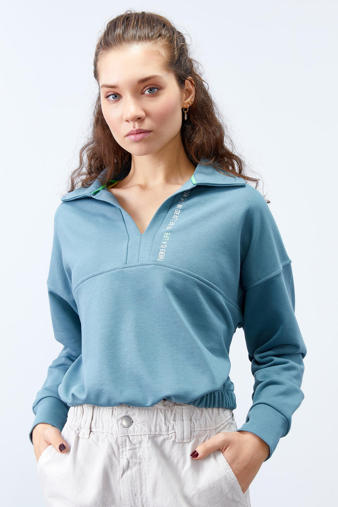 TMY Mint Green Polo Neck Hem Ruched Women's Oversized Sweatshirt - 97180 - Melitopol