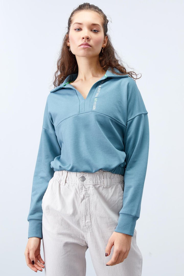 TMY Mint Green Polo Neck Hem Ruched Women's Oversized Sweatshirt - 97180 - Melitopol
