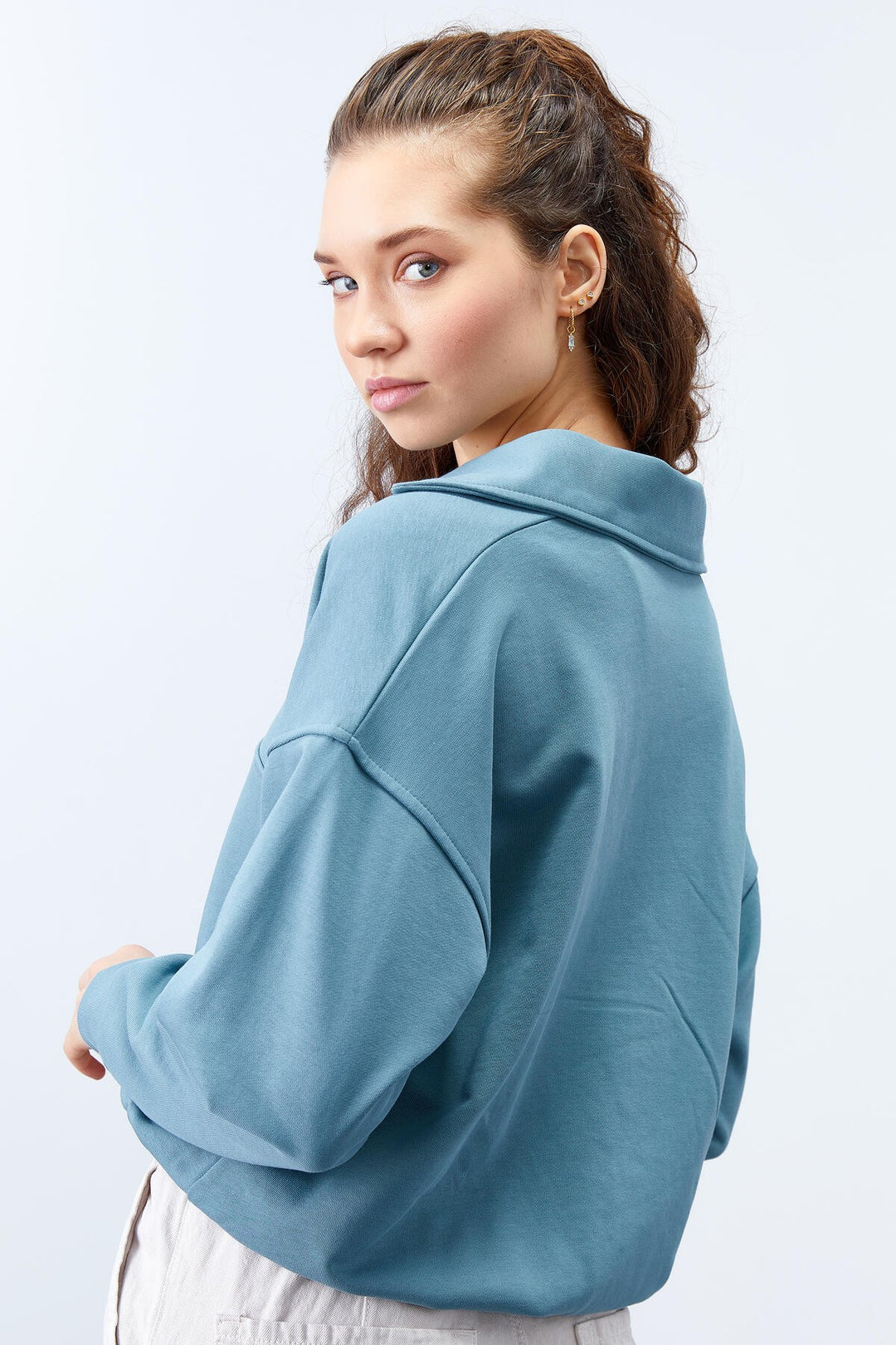 TMY Mint Green Polo Neck Hem Ruched Women's Oversized Sweatshirt - 97180 - Melitopol