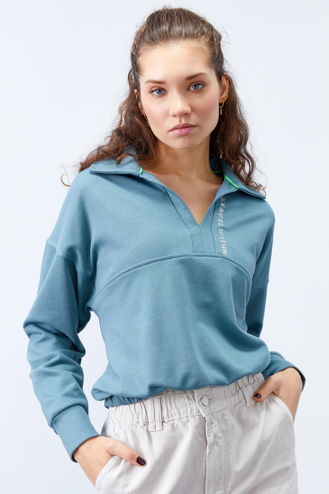 TMY Mint Green Polo Neck Hem Ruched Women's Oversized Sweatshirt - 97180 - Melitopol