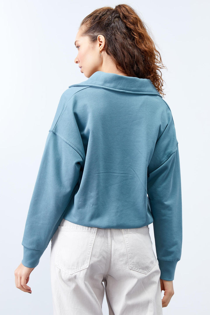 TMY Mint Green Polo Neck Hem Ruched Women's Oversized Sweatshirt - 97180 - Melitopol