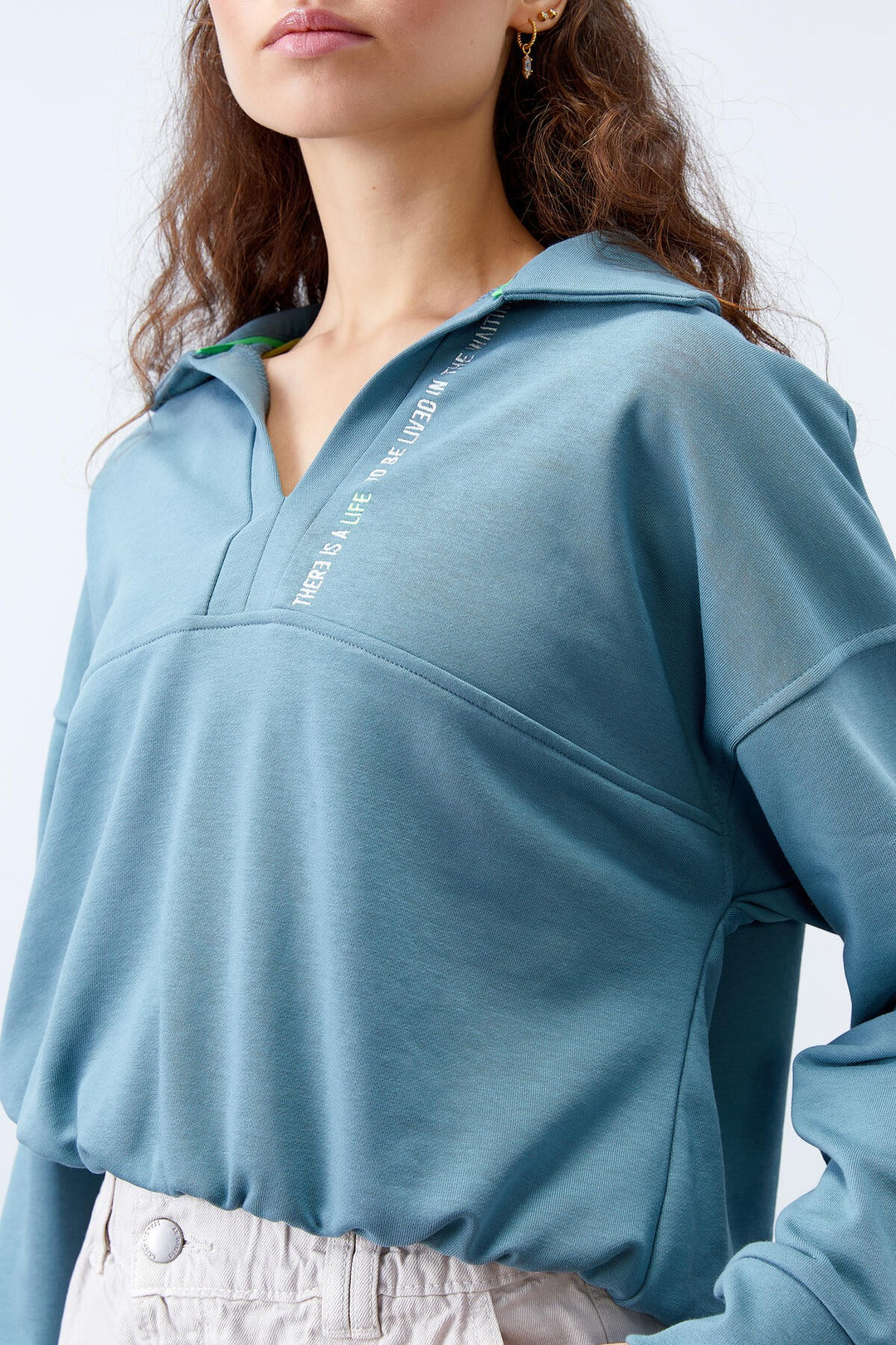 TMY Mint Green Polo Neck Hem Ruched Women's Oversized Sweatshirt - 97180 - Melitopol