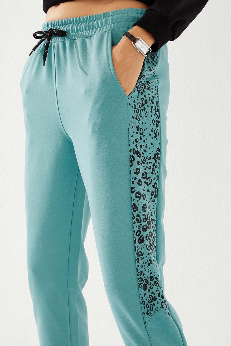 TMY Mint Green Side Leopard Pattern Comfortable Fit Slim Leg Women's Sweatpants - 94572 - Coalville