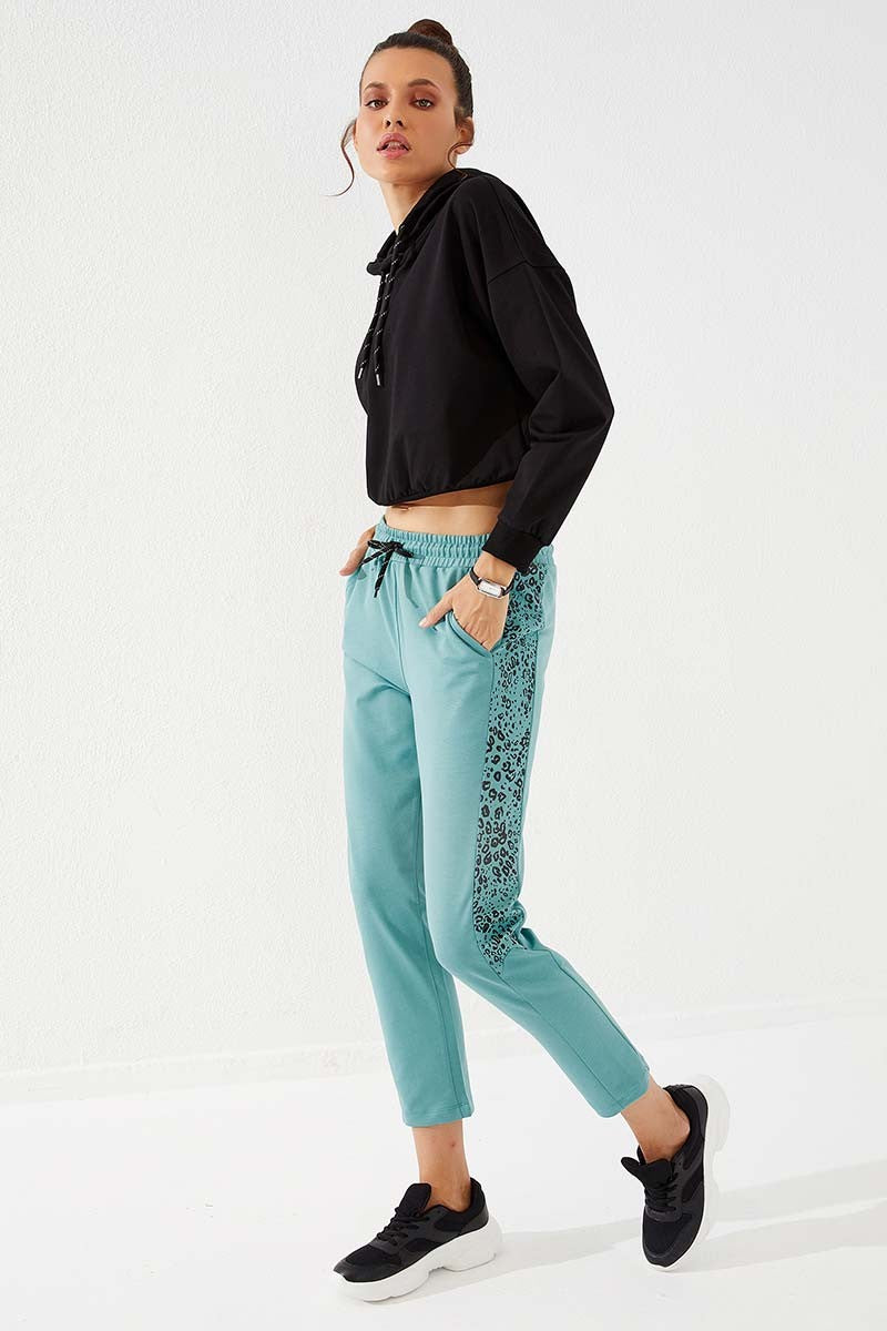 TMY Mint Green Side Leopard Pattern Comfortable Fit Slim Leg Women's Sweatpants - 94572 - Coalville