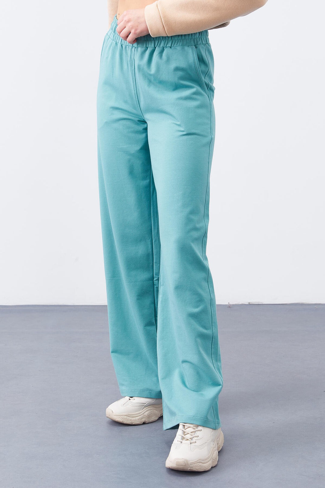 TMY Mint Green High Waisted Pocketed Comfort Fit Wide Leg Women's Sweatpants - 94567 - Lochau