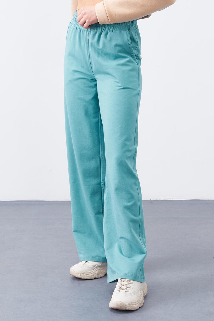 TMY Mint Green High Waisted Pocketed Comfort Fit Wide Leg Women's Sweatpants - 94567 - Lochau