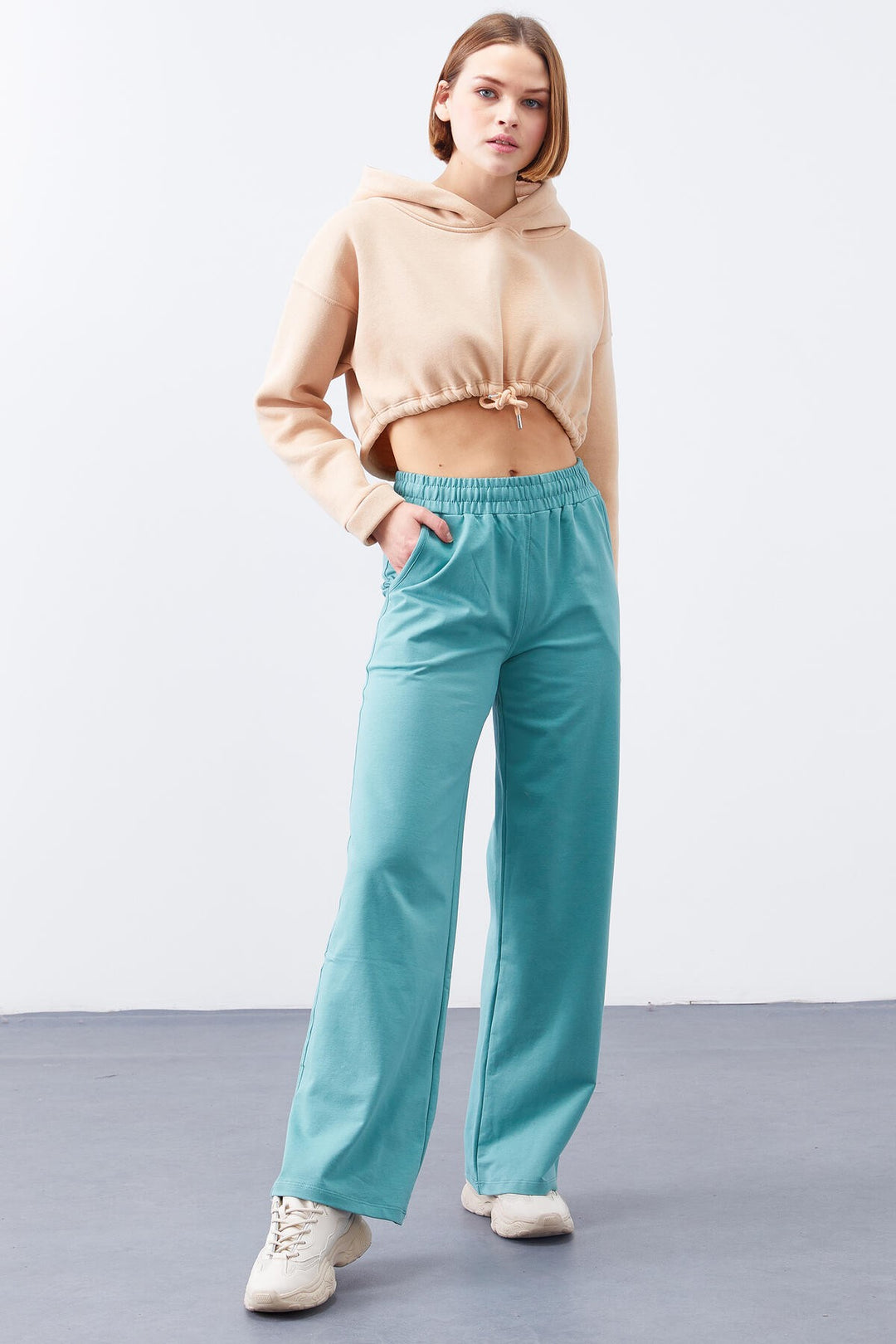 TMY Mint Green High Waisted Pocketed Comfort Fit Wide Leg Women's Sweatpants - 94567 - Lochau