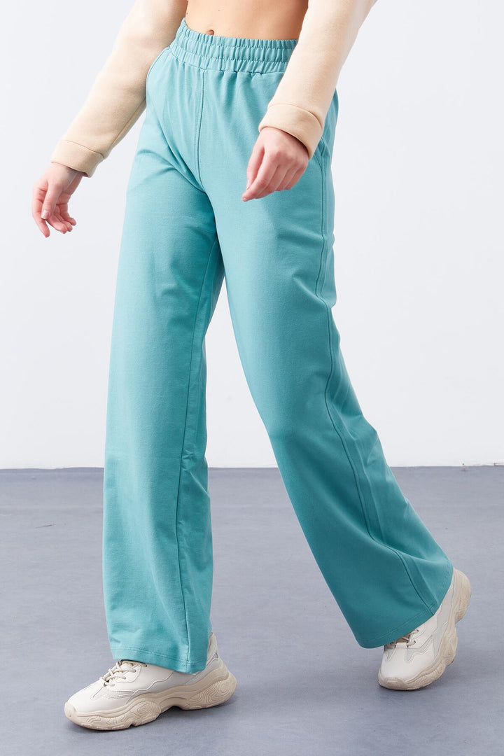 TMY Mint Green High Waisted Pocketed Comfort Fit Wide Leg Women's Sweatpants - 94567 - Lochau