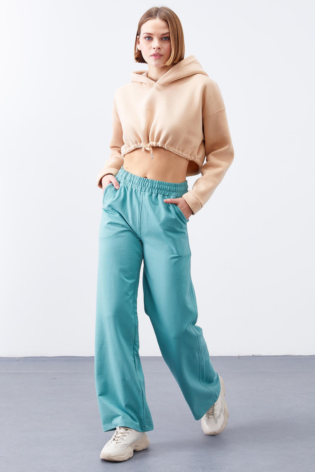 TMY Mint Green High Waisted Pocketed Comfort Fit Wide Leg Women's Sweatpants - 94567 - Lochau