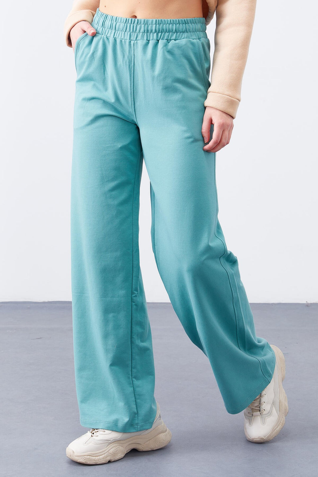 TMY Mint Green High Waisted Pocketed Comfort Fit Wide Leg Women's Sweatpants - 94567 - Lochau