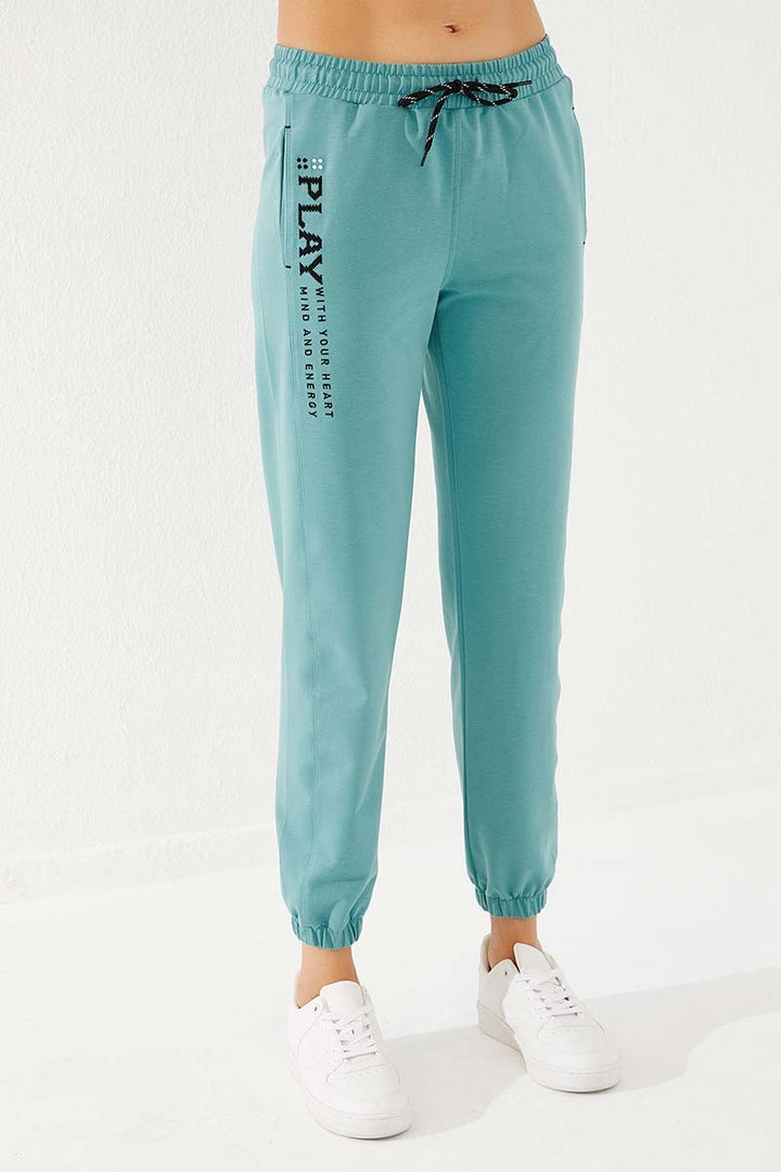 TMY Mint Green High Waisted Embroidered Comfort Fit Elastic Cuff Women's Sweatpants - 94573 - Casas Adobes