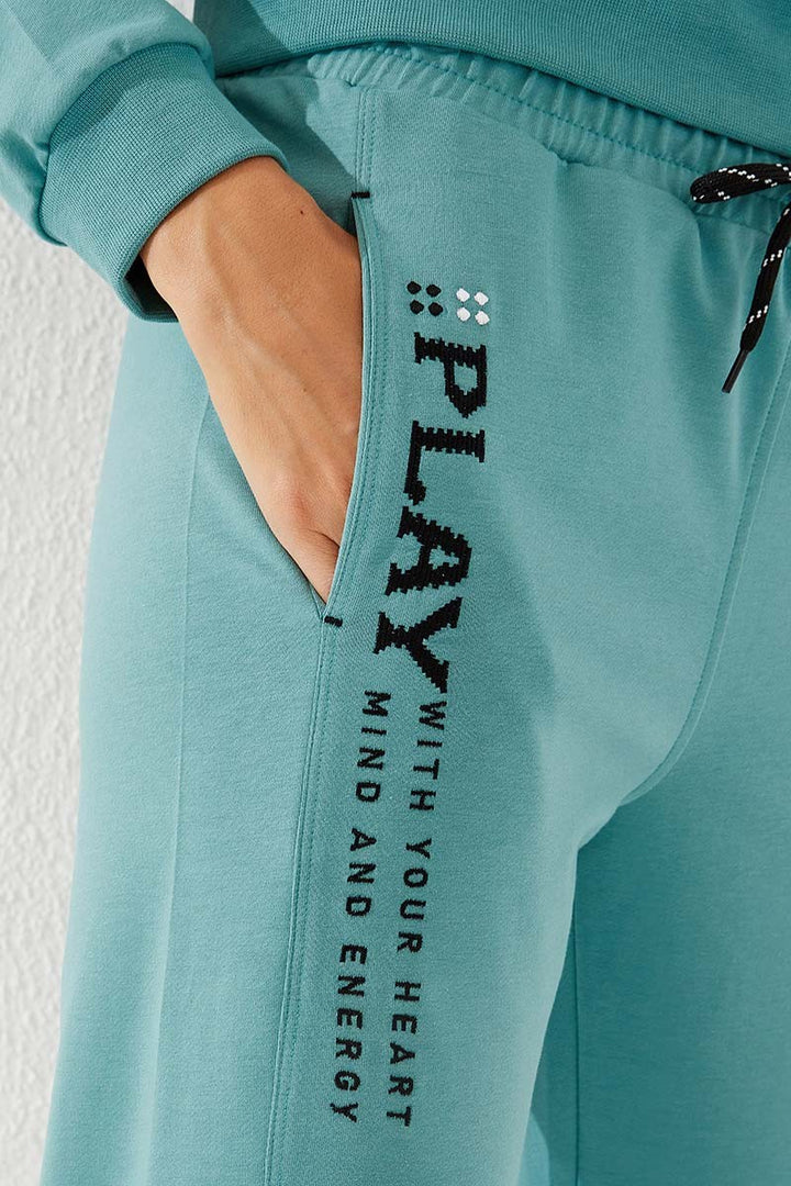 TMY Mint Green High Waisted Embroidered Comfort Fit Elastic Cuff Women's Sweatpants - 94573 - Casas Adobes