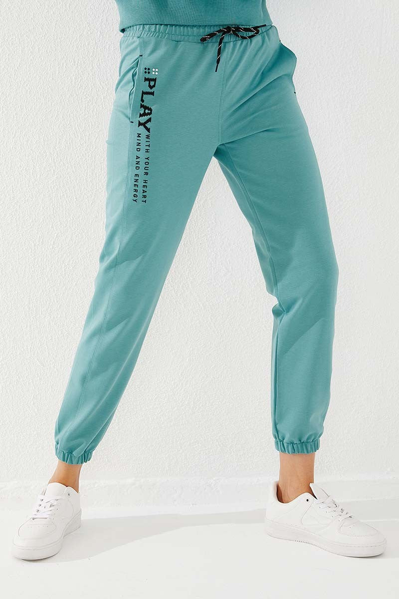 TMY Mint Green High Waisted Embroidered Comfort Fit Elastic Cuff Women's Sweatpants - 94573 - Casas Adobes